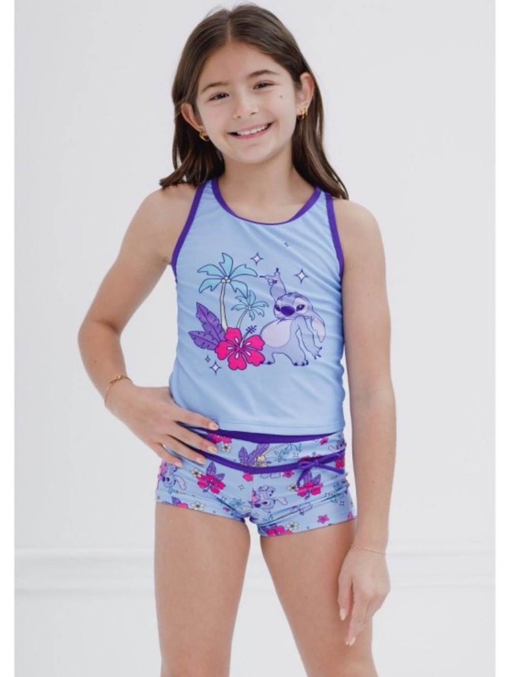 Disney Blue and Purple Stitch Kids Tankini Set with Tropical Accents